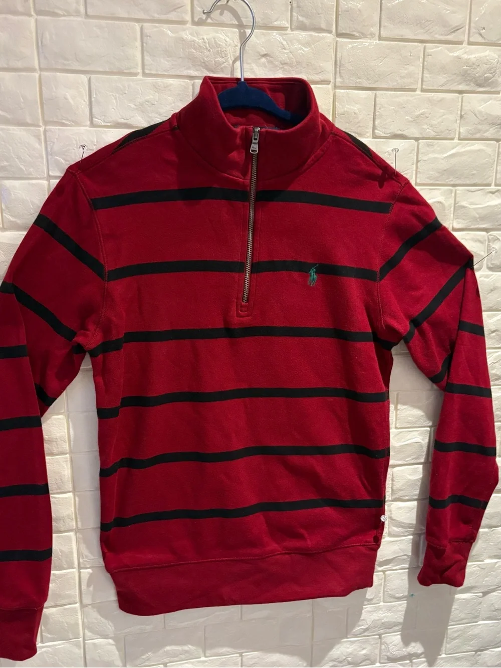 Polo by Ralph Lauren Red and Black Striped Quarter-Zip Sweater